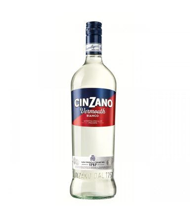 Botella de vermut Cinzano, etiqueta azul y roja, con tapa plateada.
